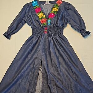 Marfer Embroidered Denim Midi Dress Floral V-Neck Smocked Waist Size M Boho